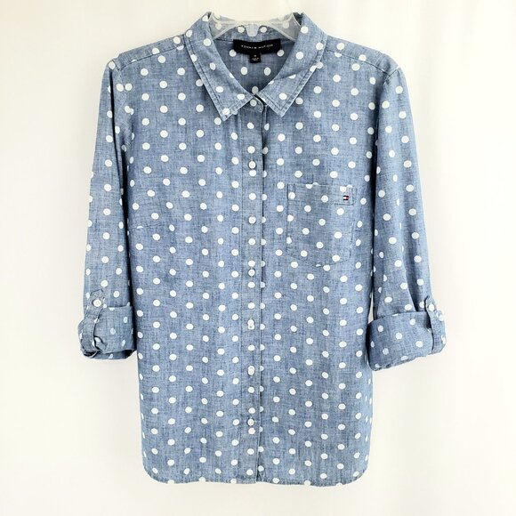 Tommy Hilfiger Button-Down Shirt NWOT MEDIUM Blue Polka Dot Roll-Tab Sleeves - Picture 2 of 8